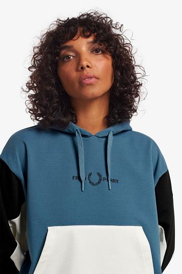 Grey Blue Fred Perry Colour Block Hooded Women's Sweatshirts | PH 1999ZUTG